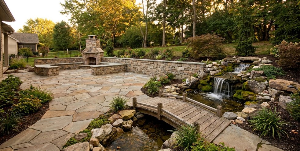 Stone patio with outdoor fireplace, retaining wall, waterfall, and small wooden bridge in a landscaped backyard